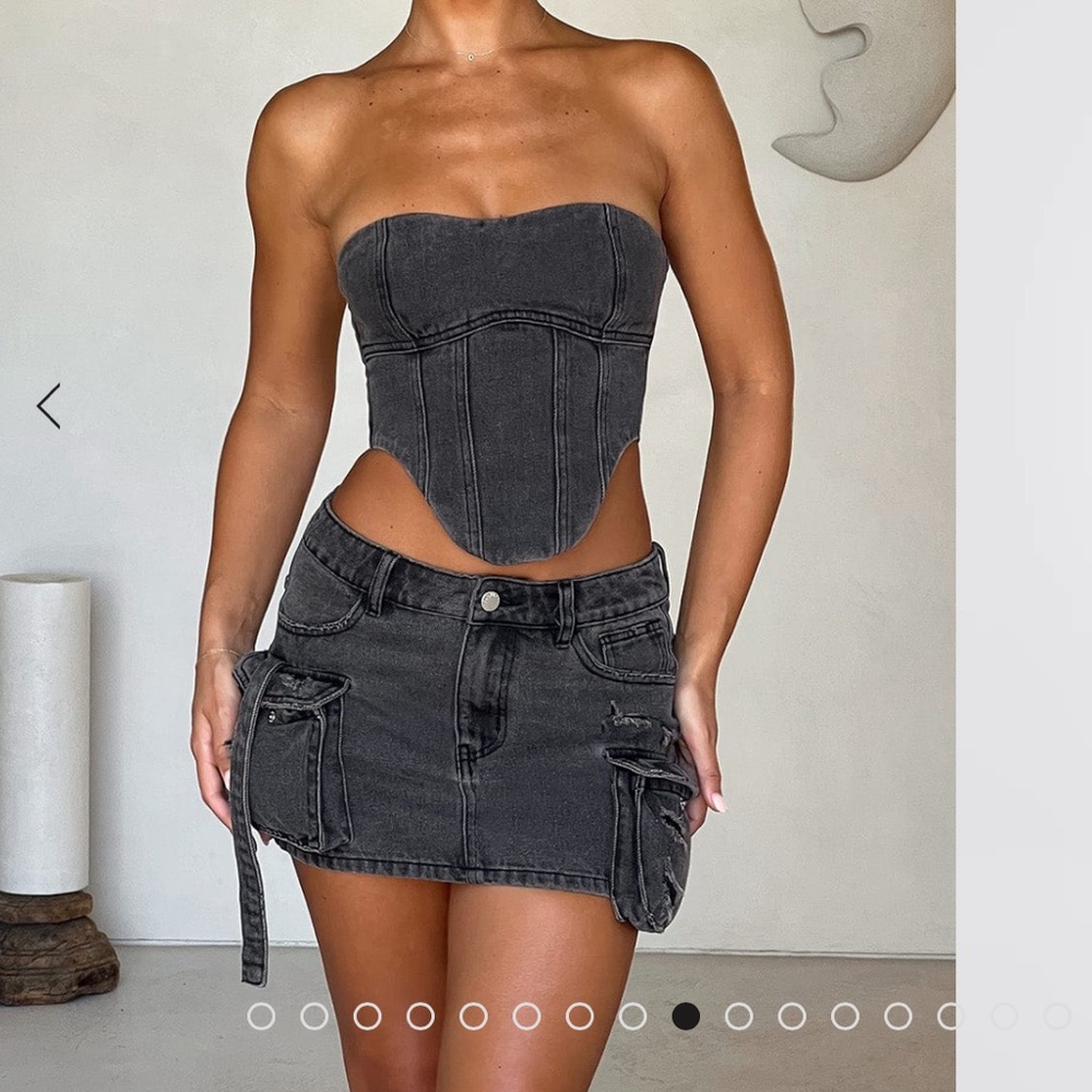 Cargo denim skirt & Strapless Washed Black Denim Corset Top set Babyboo Fashion.